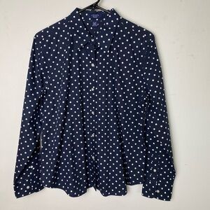 Chaps Blue and White Tie Front Blouse with Mandarin Collar